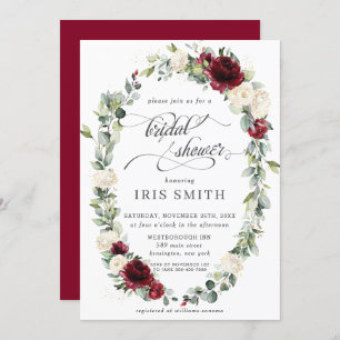 Burgundy Ivory Floral Leafy Wreath Bridal Shower Invitation