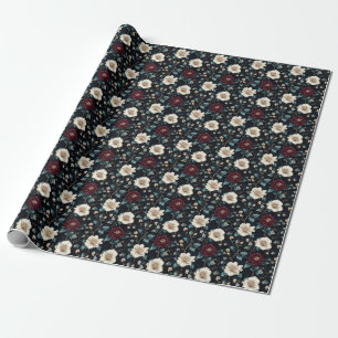 Burgundy & Ivory Floral on Black Wrapping Paper