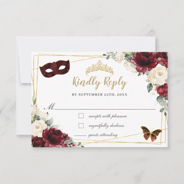 Burgundy Ivory Floral Quinceañera Butterflies Mask RSVP Card (Front)