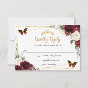 Burgundy Ivory Floral Quinceañera Butterfly Reply RSVP Card