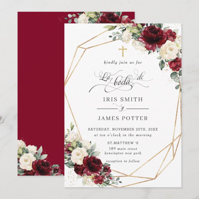 Burgundy Ivory Floral Roses Boda Spanish Wedding Invitation (Front/Back)