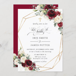 Burgundy Ivory Floral Roses Boda Spanish Wedding Invitation