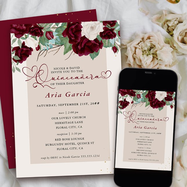Burgundy Ivory Floral Roses Quinceanera and Mass Invitation (Invitation to Quinceanera and Church blessing from my Royal Roses collection)