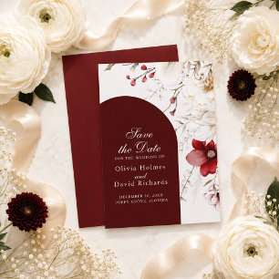 Burgundy Ivory Floral Save the Date Card