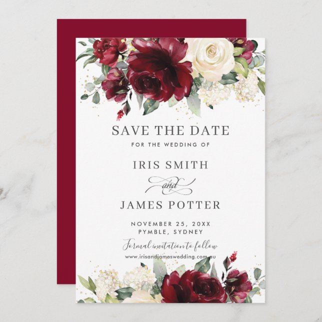 Burgundy Ivory Floral Wedding Save the Date Card (Front/Back)