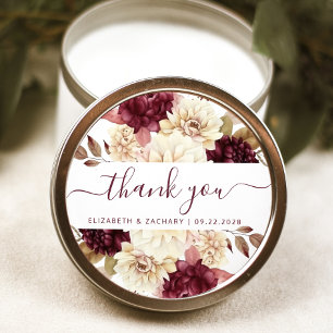 Burgundy Ivory Floral Wedding Thank You Classic Round Sticker