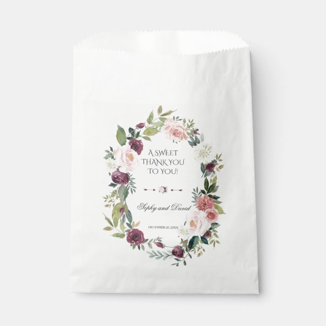 Burgundy Ivory Floral Wedding THANK YOU Favour Bag (Front)