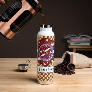 Burgundy-Ivory Flower Ribbon by Kenneth Yoncich Water Bottle