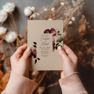 Burgundy Ivory Flowers Boho Chic Modern Wedding    Invitation