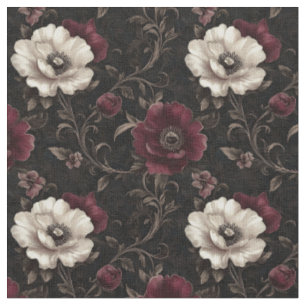 Burgundy & Ivory Flowers on Black Fabric