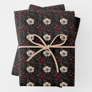 Burgundy & Ivory Flowers on Black Wrapping Paper Sheet