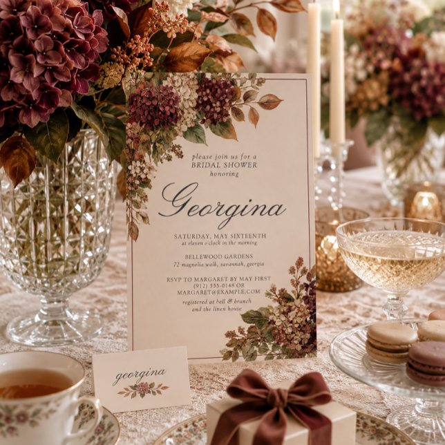 Burgundy Ivory Hydrangea Monogram Bridal Shower Invitation (Creator Uploaded)