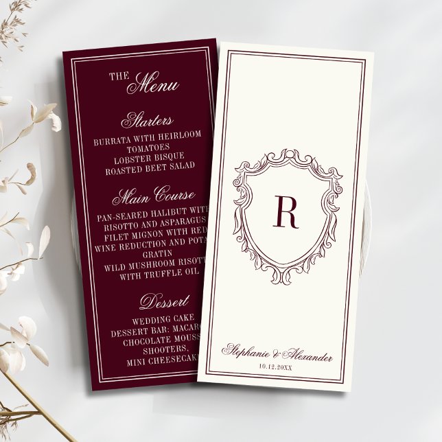 Burgundy Ivory Monogram Crest Old Money Wedding Menu (Creator Uploaded)