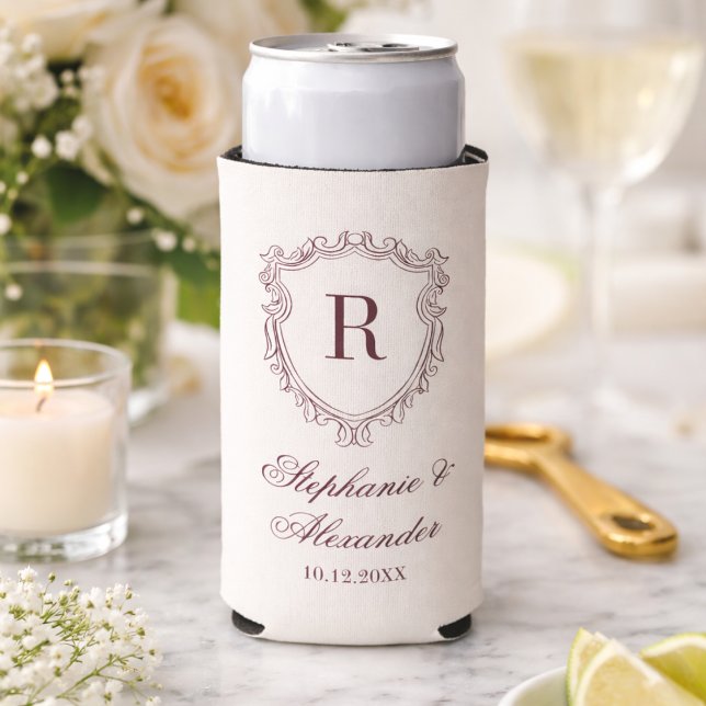 Burgundy & Ivory Monogram Crest Old Money Wedding Seltzer Can Cooler (Creator Uploaded)