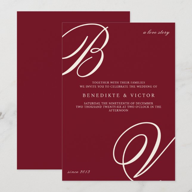 Burgundy Ivory Monogram Wedding Invite (Front/Back)