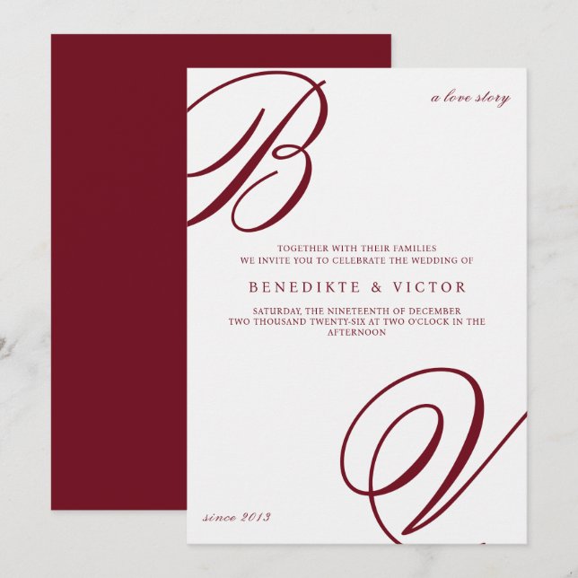 Burgundy Ivory Monogram Wedding Invite (Front/Back)