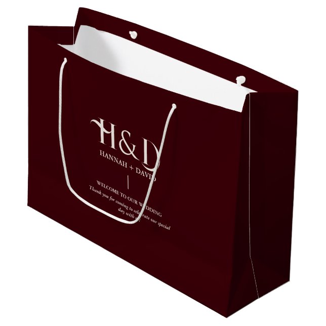 Burgundy & Ivory  Monogram Wedding Welcome Guest  Large Gift Bag (Front Angled)