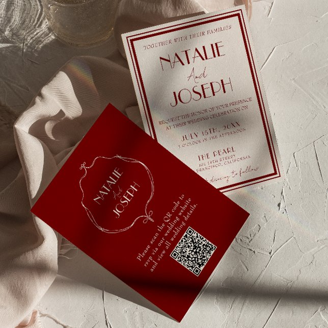 Burgundy Ivory Old Money Retro QR Code Wedding Invitation (Creator Uploaded)