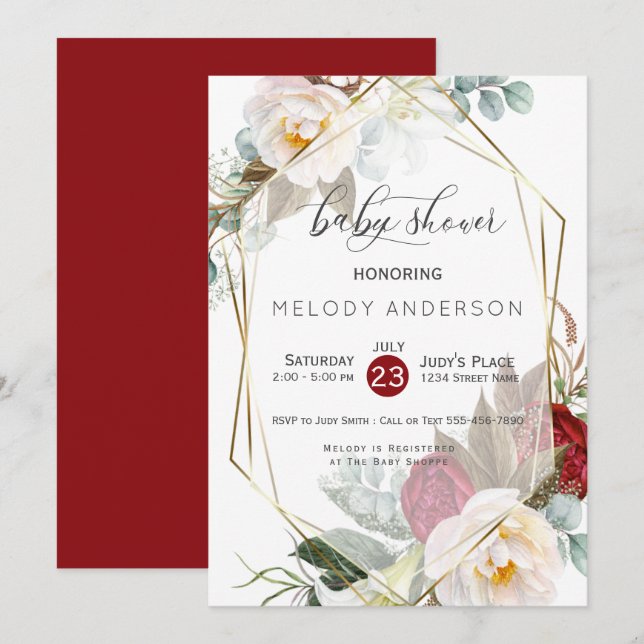 Burgundy Ivory Peonies Botanical Baby Shower Invitation (Front/Back)
