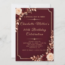 Burgundy & Ivory Roses 80th Birthday Invitation