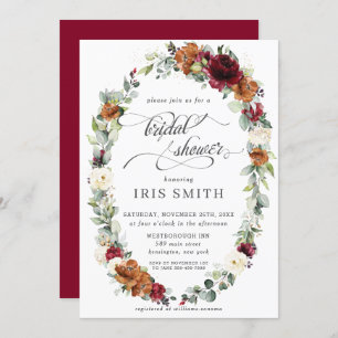 Burgundy Ivory Rust Floral Wreath Bridal Shower Invitation