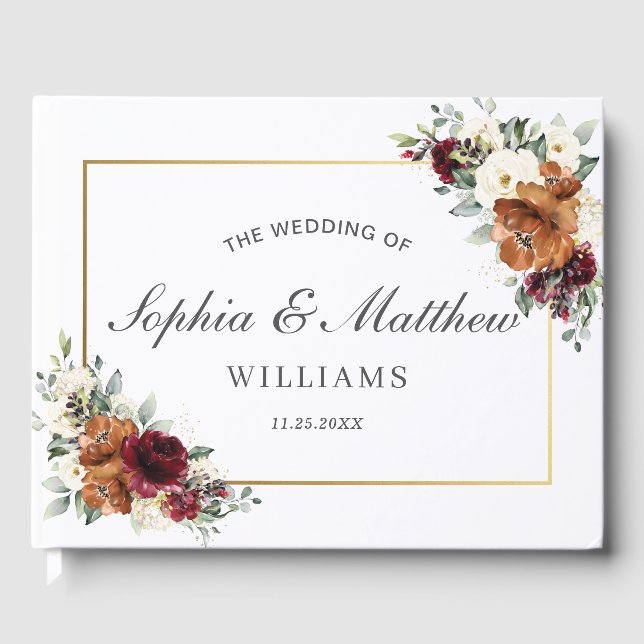 Burgundy Ivory Rust Orange Floral Greenery Wedding Guest Book (Front)