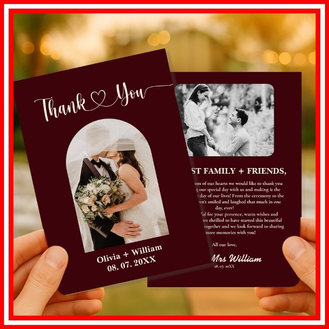 Burgundy & Ivory Rustic Photo Wedding  Thank You Card (Creator Uploaded)