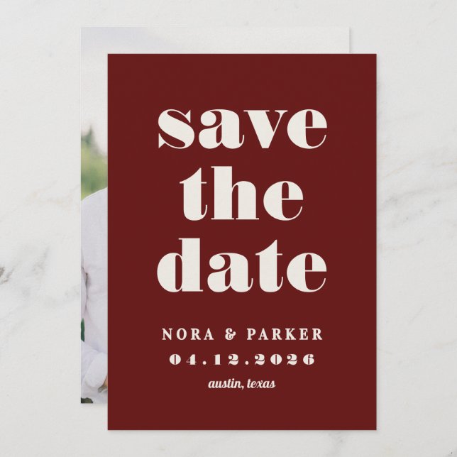 Burgundy & Ivory Simple Modern Formal Wedding Save The Date (Front/Back)