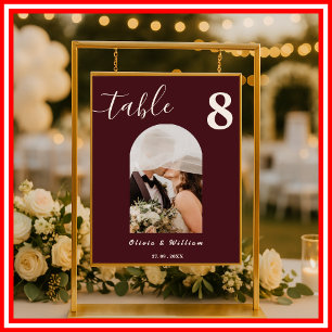 Burgundy & Ivory Wedding PHOTO Table Number Poster