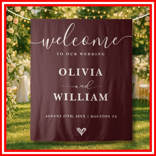 Burgundy & Ivory Wedding Welcome Backdrop Tapestry (Creator Uploaded)