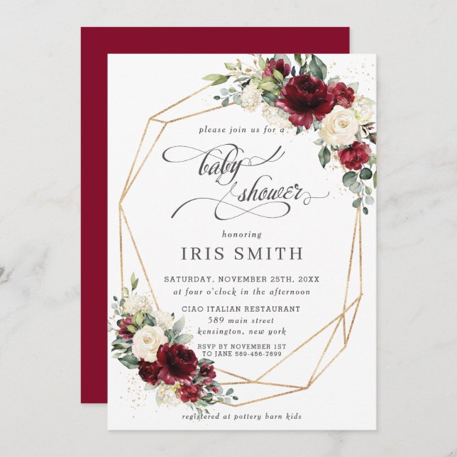 Burgundy Ivory White Floral Baby Shower Geometric Invitation (Front/Back)