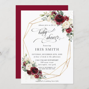 Burgundy Ivory White Floral Baby Shower Geometric Invitation