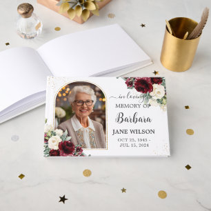 Burgundy Ivory White Floral Memorial Funeral Photo Guest Book