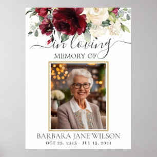 Burgundy Ivory White Floral Photo Funeral Memorial Poster