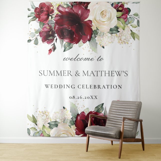 Burgundy Ivory White Floral Wedding Backdrop Tapestry (In Situ)
