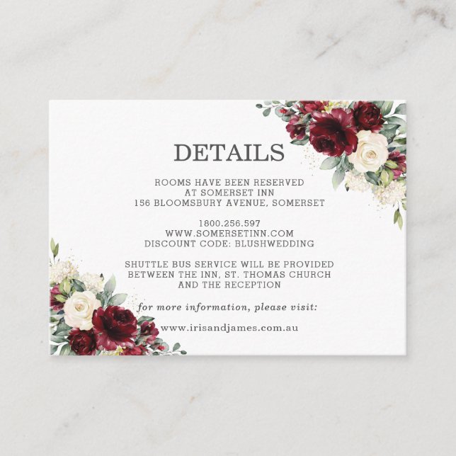 Burgundy Ivory White Floral Wedding Details Enclosure Card (Front)