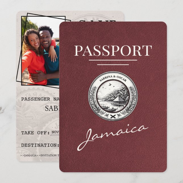 Burgundy Jamaica Passport Save The Date (Front/Back)