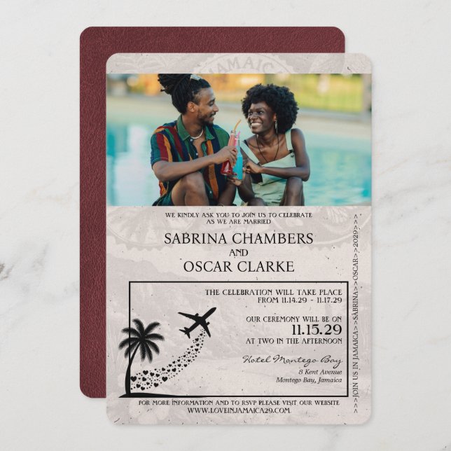 Burgundy Jamaica Passport Wedding Invitation (Front/Back)