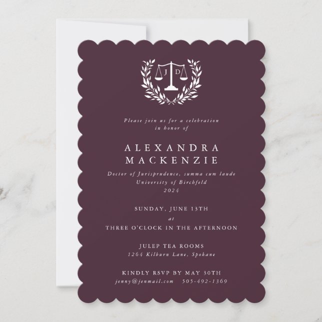 Burgundy JD Law Scales Laurel Wreath Graduation In Invitation (Front)