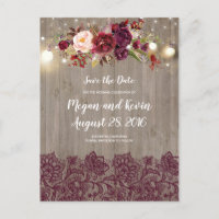 Burgundy Lace and Flowers Rustic Save the Date