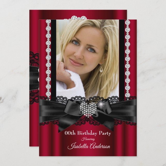 Burgundy Lace Diamond Heart Photo Birthday Party Invitation (Front/Back)
