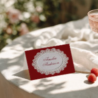 Burgundy Lace Doily Old Money Wedding Place Cards