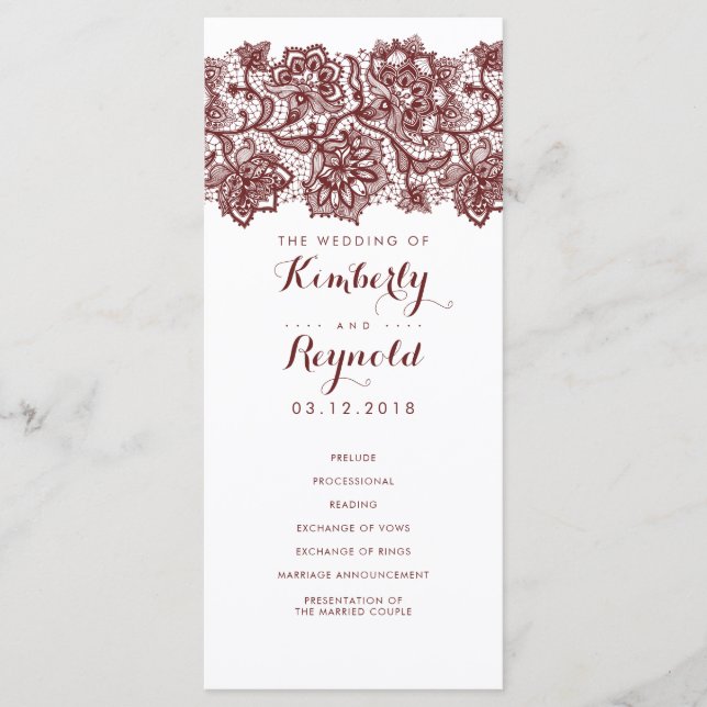 Burgundy Lace Elegant White Wedding Programs (Front)