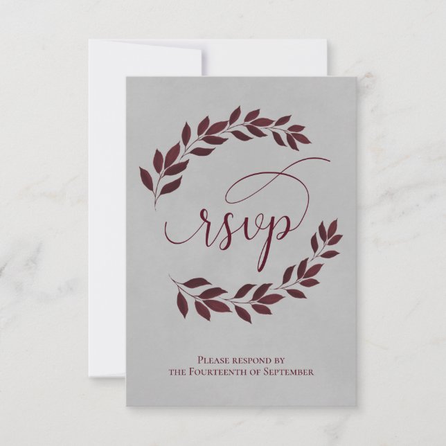 Burgundy Laurel Leaves on Grey Elegant Wedding RSVP Card (Front)