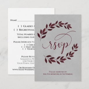 Burgundy Laurel Leaves on Grey Elegant Wedding RSVP Card