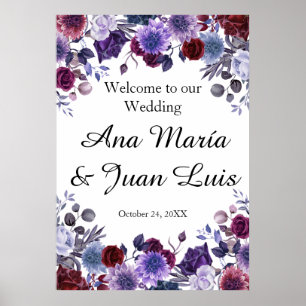 Burgundy Lavender Dusty Blue Minimalist Floral Poster