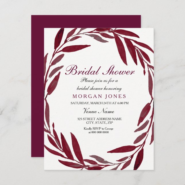Burgundy Leaf Wreath Bridal Shower Invitation (Front/Back)