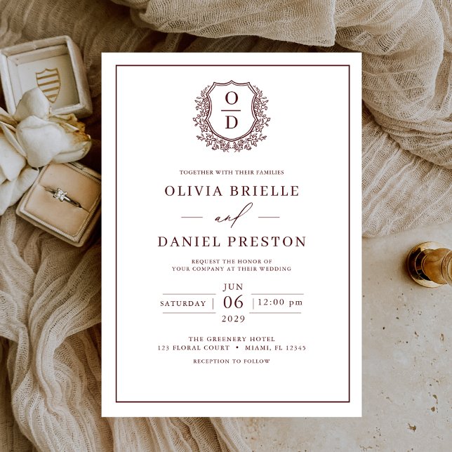 Burgundy Leafy Crest Monogram Elegant Wedding Invitation (Creator Uploaded)