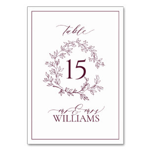 Burgundy Leafy Crest Monogram Floral Wedding Table Number