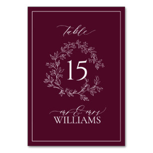 Burgundy Leafy Crest Monogram Floral Wedding Table Number